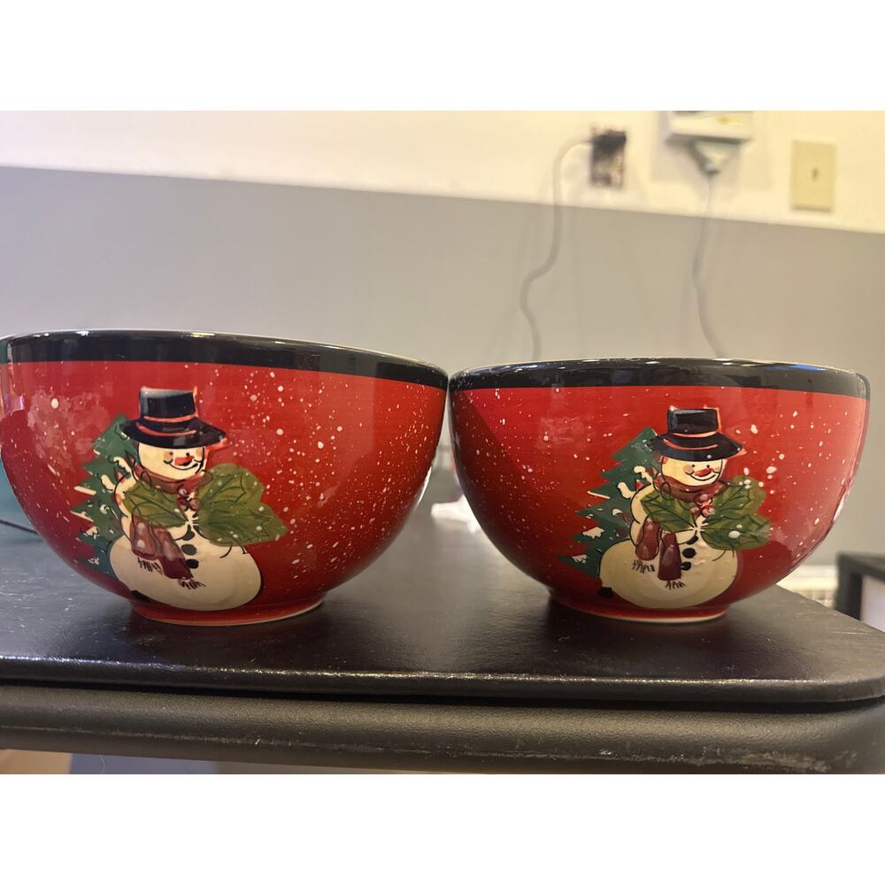 Gibson Home Christmas Snack Cereal Bowl Snowman Red Black Snow Ceramic SET of 2